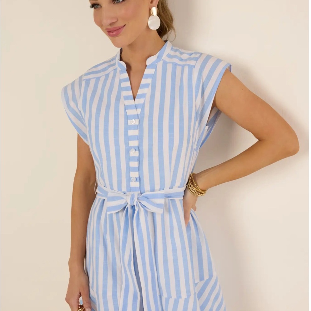 Avara New Large Blue and White Striped Mini Dress